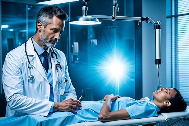 Photo the doctor with a stethoscope listens to the patient