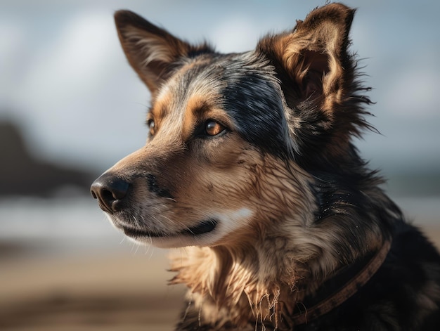 Photo of a dog on the beach generative ai