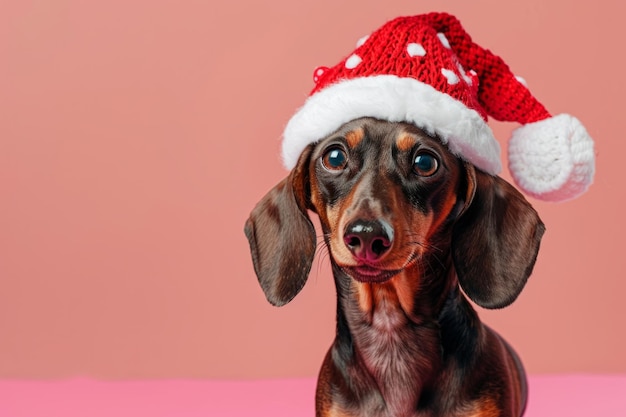 Photo of a dog in a Christmas hat and glasses on a pink background The dachshund dog