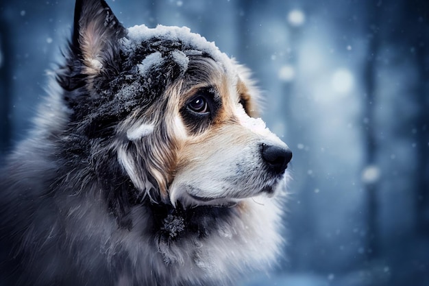 Photo of a dog in nature in the snow forest looking at the camera Soft coat glamour style photo