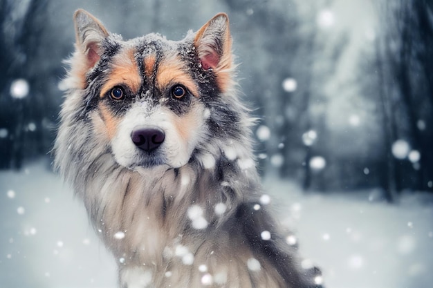 Photo of a dog in nature in the snow forest looking at the camera Soft coat glamour style photo