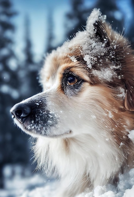 Photo of a dog in nature in the snow forest looking at the camera Soft coat glamour style photo