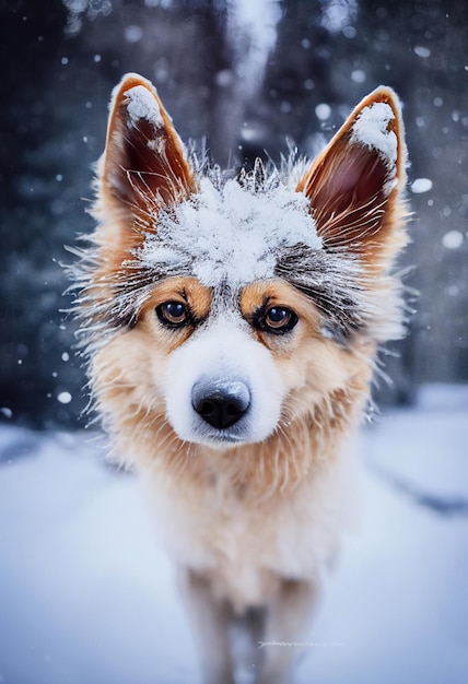 Photo of a dog in nature in the snow forest looking at the camera Soft coat glamour style photo