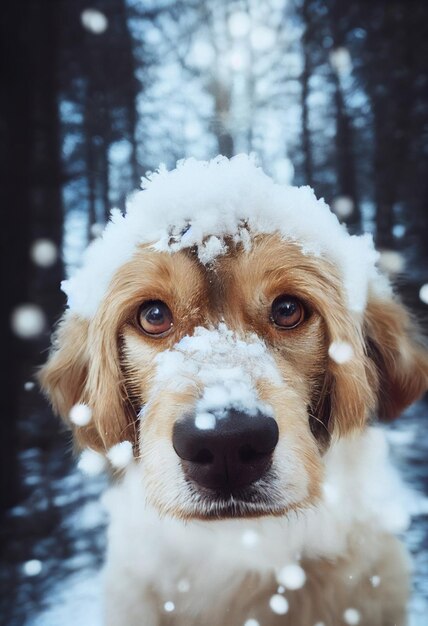 Photo of a dog in nature in the snow forest looking at the camera Soft coat glamour style photo