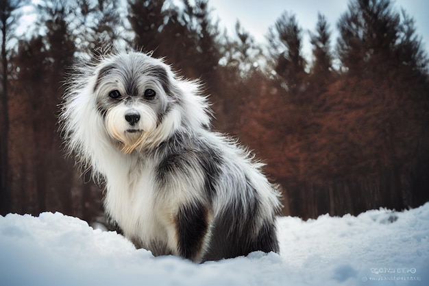 Photo of a dog in nature in the snow forest looking at the camera Soft coat glamour style photo