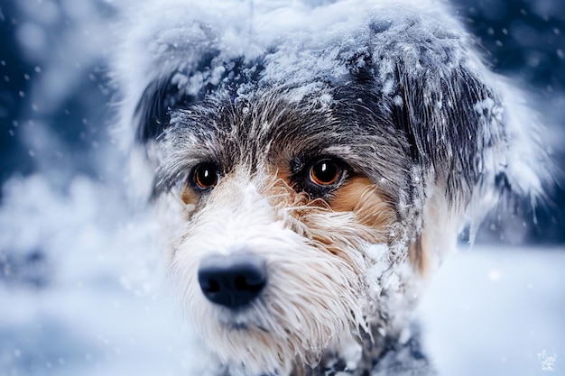 Photo of a dog in nature in the snow forest looking at the camera Soft coat glamour style photo