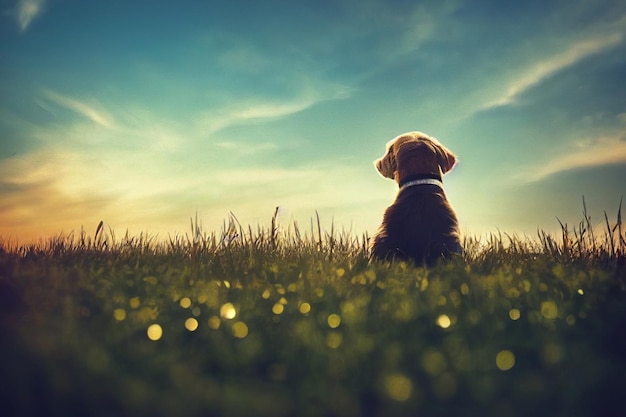 Photo of a dog in nature in the tall grass dog lying on the grass blue sky and clouds