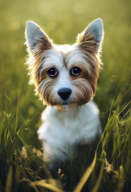 Photo of a dog in nature in the tall grass dog lying on the grass looking at the camera