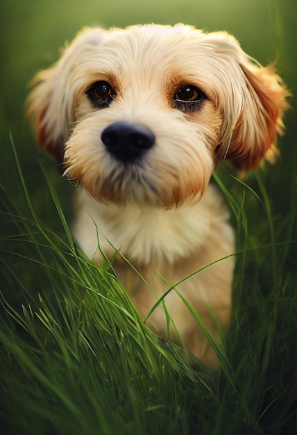 Photo of a dog in nature in the tall grass dog lying on the grass looking at the camera