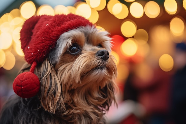 Photo of a dog with Santa Claus hat on a market High quality photo