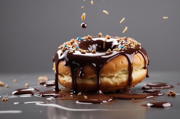 Photo a doughnut with splashes of chocolate glaze on a gray background