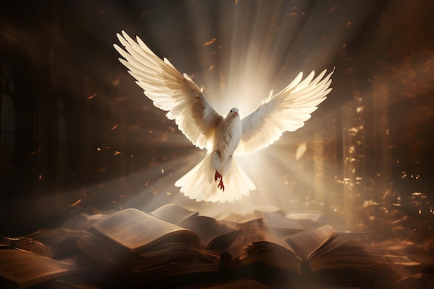 Photo dove fly out of books in beautiful sun light international day of peace generative ai