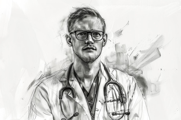 Photo photo of a drawing of a doctor with glasses and a stethoscope