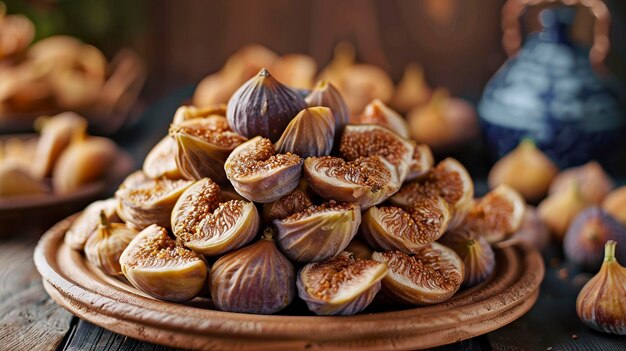 A photo of dried figs stacked in a pyramid