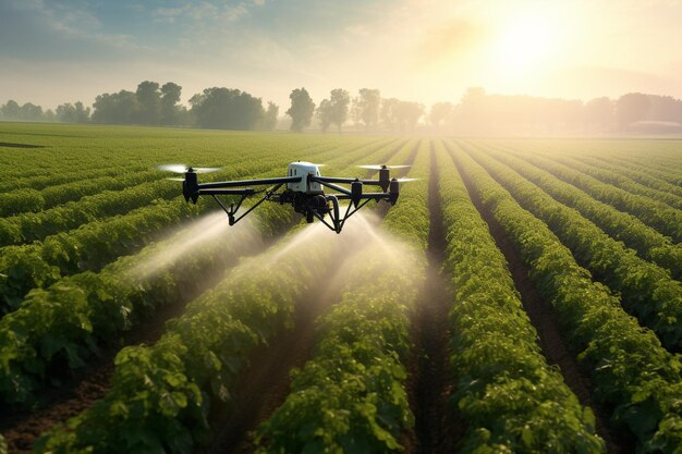 photo drone spraying fertilizer on vegetable green plants agriculture technology farm automation