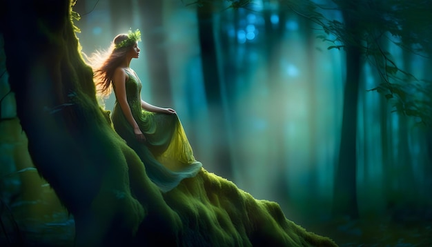 A photo of a dryad in a moonlit forest with detailed and delicate features