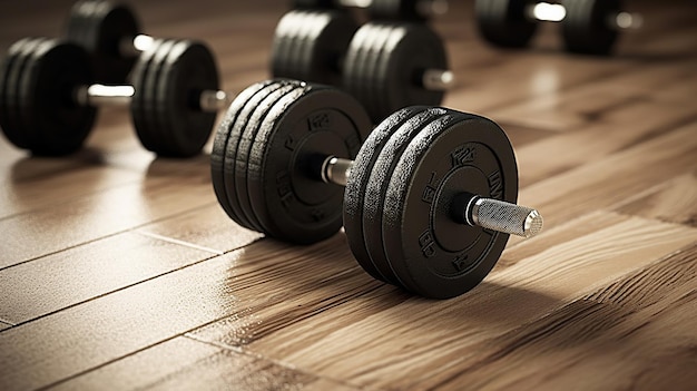 Photo dumbbells on the floor in concept fitness Generative AI