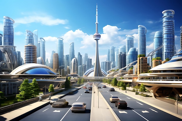 Photo of Dynamic city skyline with blue skies