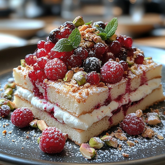 Photo of an elegant dessert in a restaurant in the evening millefoglie with berries with vanilla