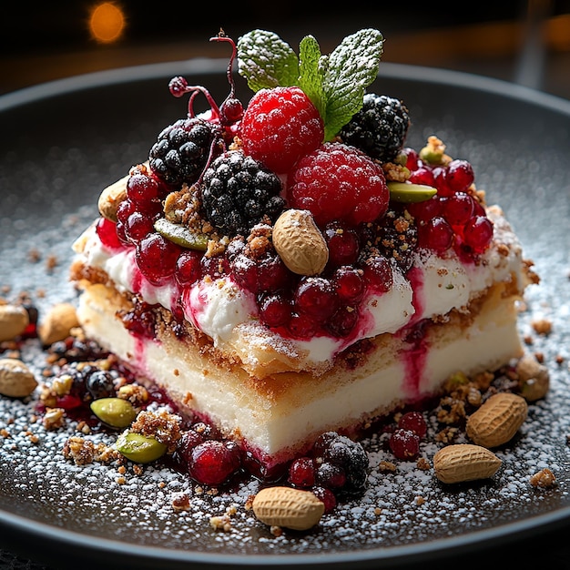 Photo of an elegant dessert in a restaurant in the evening millefoglie with berries with vanilla