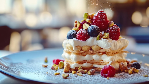 Photo of an elegant dessert in a restaurant in the evening millefoglie with berries with vanilla