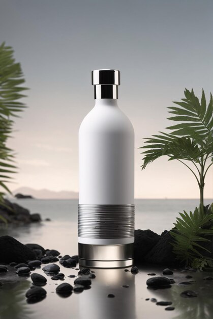 photo of elegant luxury drink bottle minimalist nature background blank label suitable for mockup