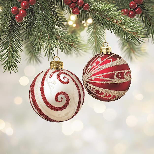 Photo photo of elegant red and white christmas ornaments hanging from a decorated tree branch