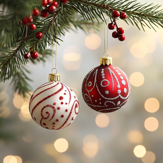 Photo photo of elegant red and white christmas ornaments hanging from a decorated tree branch