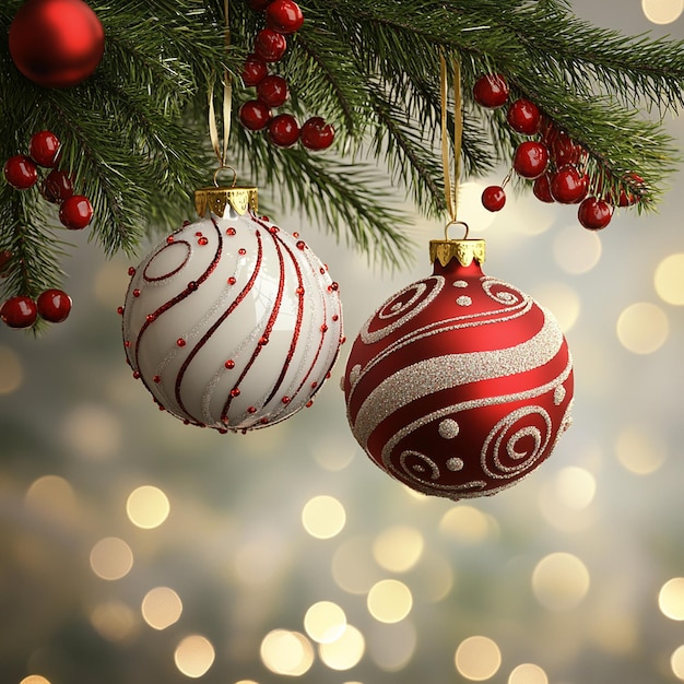 Photo photo of elegant red and white christmas ornaments hanging from a decorated tree branch