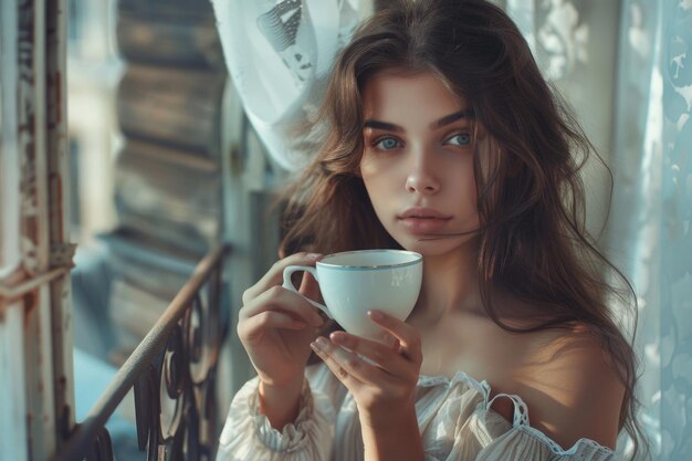 Photo of elegant woman enjoying tea on balcony