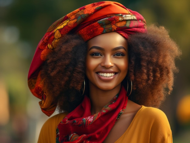 photo of emotional dynamic pose African woman in autumn