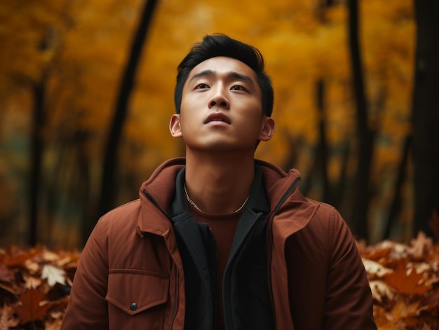 photo of emotional dynamic pose Asian man in autumn