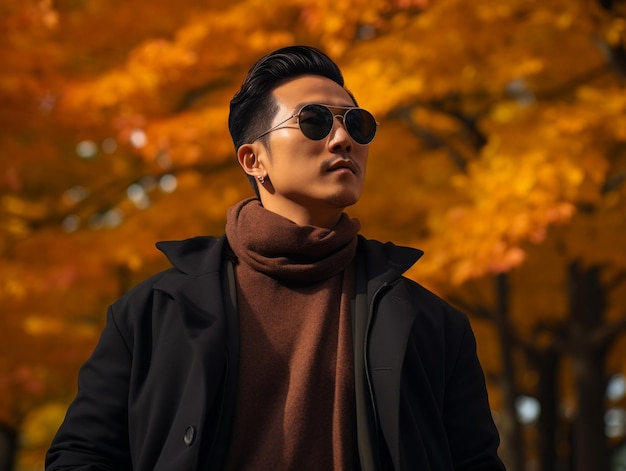 photo of emotional dynamic pose Asian man in autumn