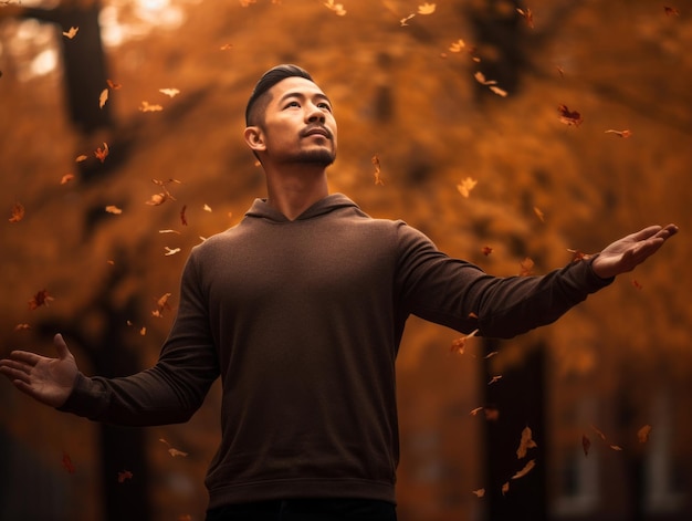 photo of emotional dynamic pose Asian man in autumn