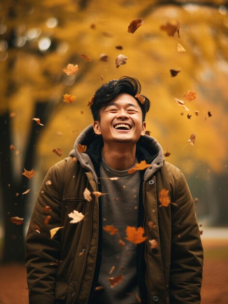 photo of emotional dynamic pose Asian man in autumn