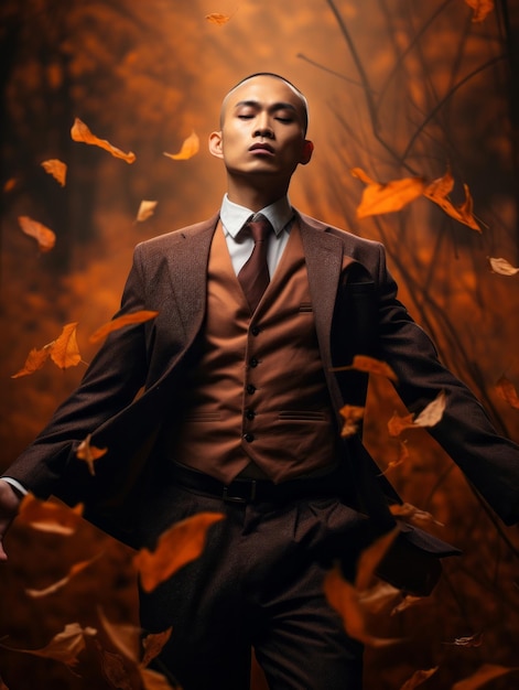 photo of emotional dynamic pose Asian man in autumn