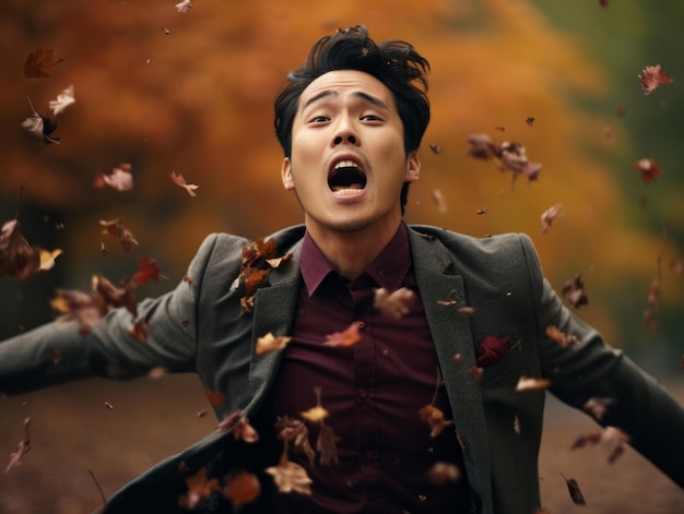 photo of emotional dynamic pose Asian man in autumn