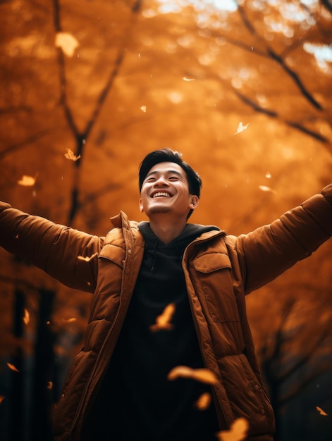 photo of emotional dynamic pose Asian man in autumn