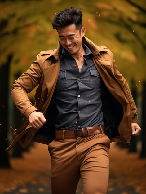 photo of emotional dynamic pose Asian man in autumn