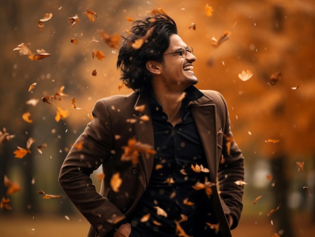 photo of emotional dynamic pose Asian man in autumn