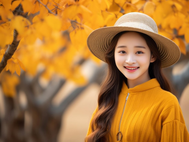 photo of emotional dynamic pose Asian woman in autumn