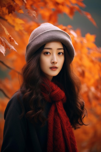 photo of emotional dynamic pose Asian woman in autumn