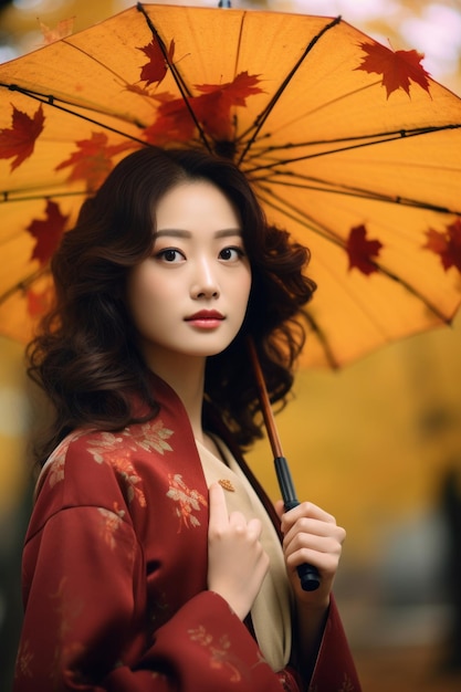 photo of emotional dynamic pose Asian woman in autumn