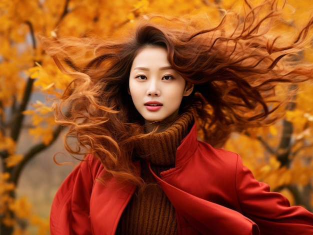 photo of emotional dynamic pose Asian woman in autumn