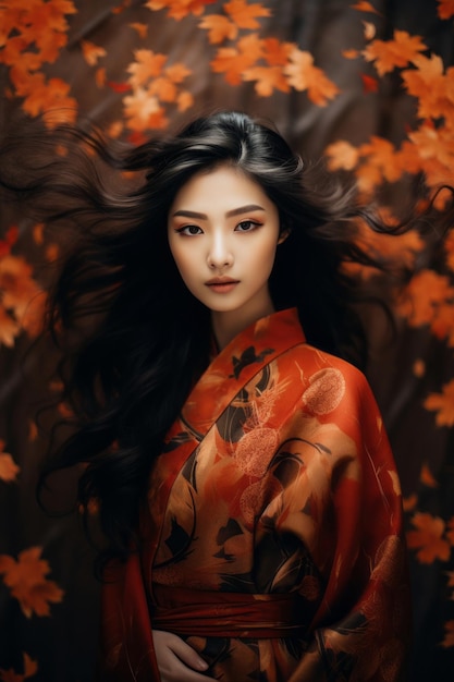 photo of emotional dynamic pose Asian woman in autumn