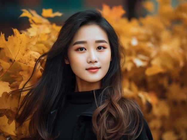 photo of emotional dynamic pose Asian woman in autumn