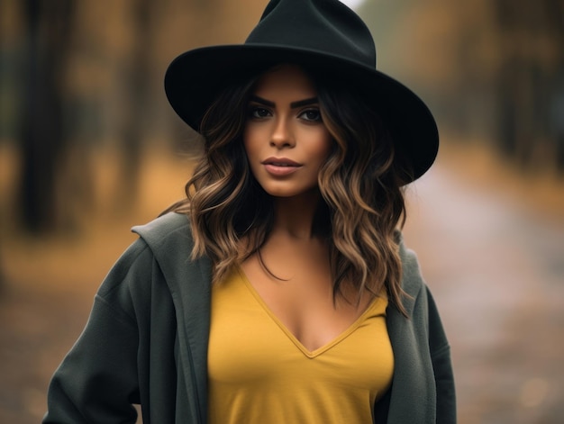 photo of emotional dynamic pose Brazilian woman in autumn