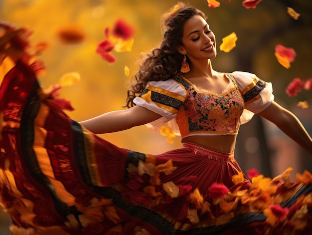 photo of emotional dynamic pose Mexican woman in autumn