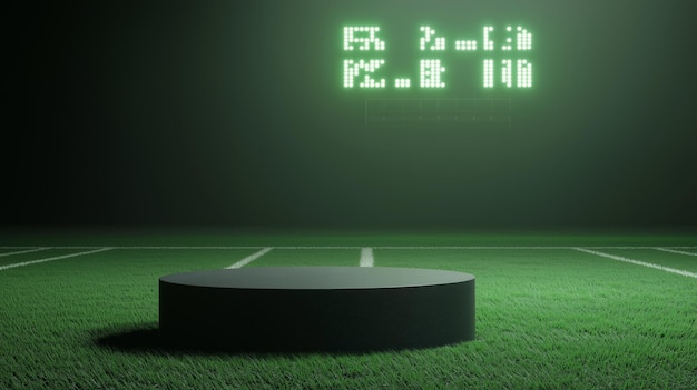 A photo of an empty 3D podium on the football field with a scoreboard in the background isolated