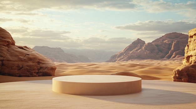 A photo of an empty 3D podium made of sand situated in a picturesque desert landscape